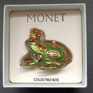 Monet Frog Prince Enamel Trinket Box Green & Gold with Crown